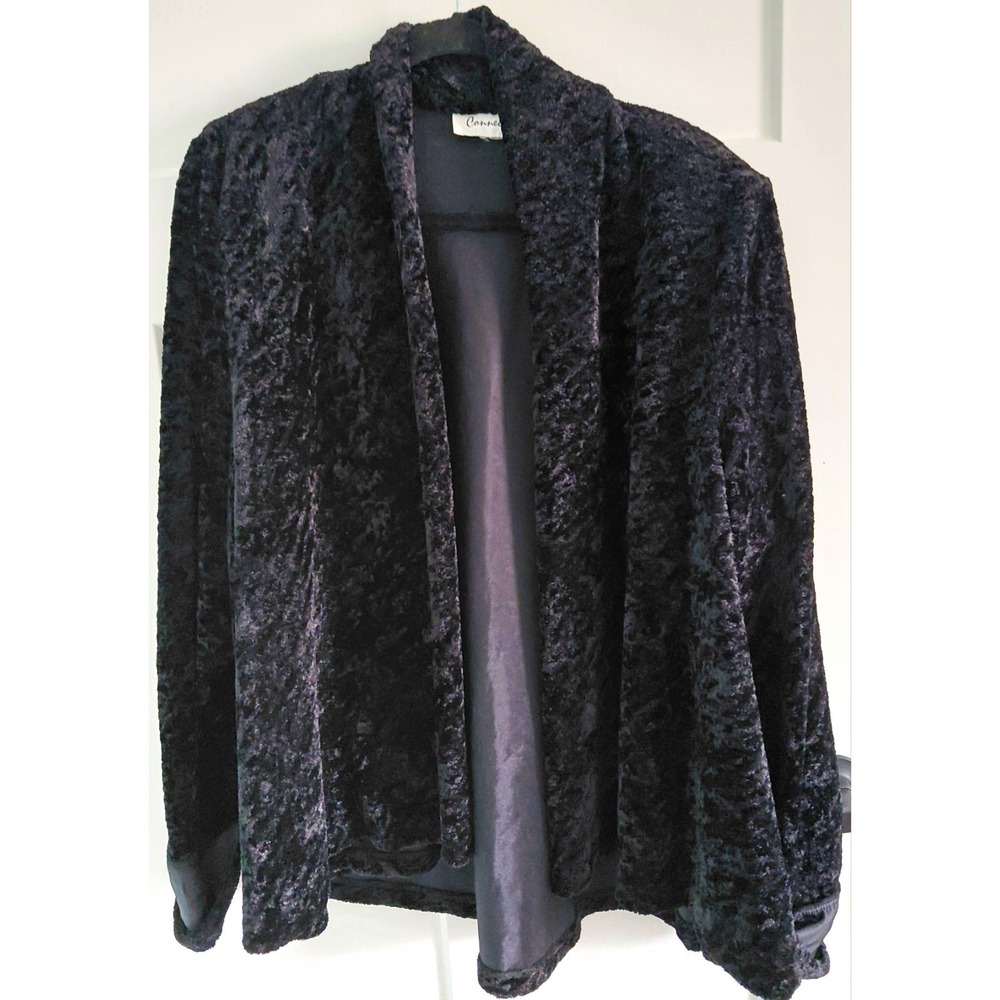 Carnet Women's Black Solid Open Front Lined Short  Jacket Crushed Velvet  L